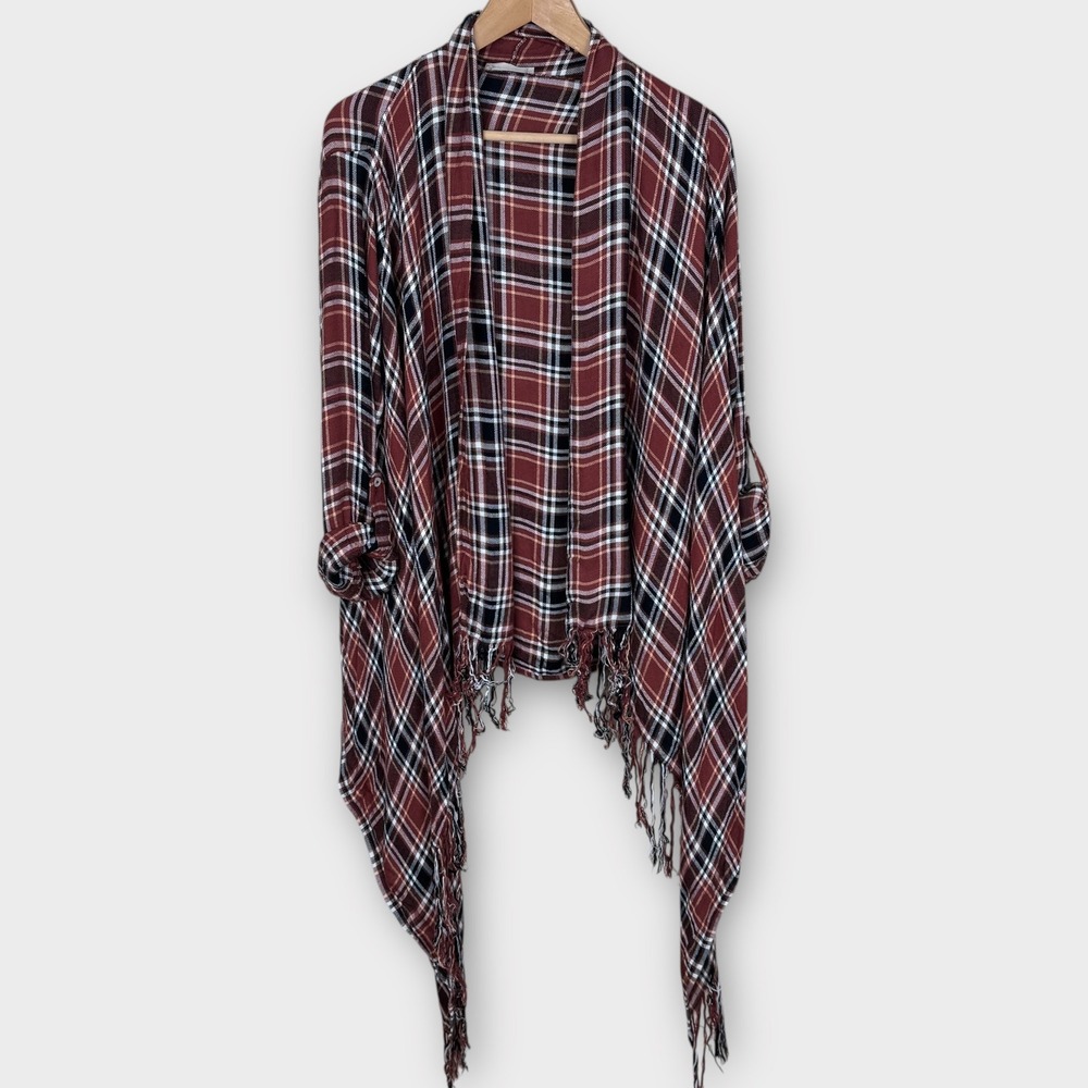 Altar'd State Plaid Fringe Open Front Cardigan Brown‎ Red Oversized Boho Western